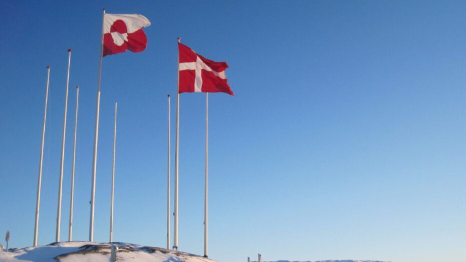 Et dansk og et grønlandsk flag der står i sne