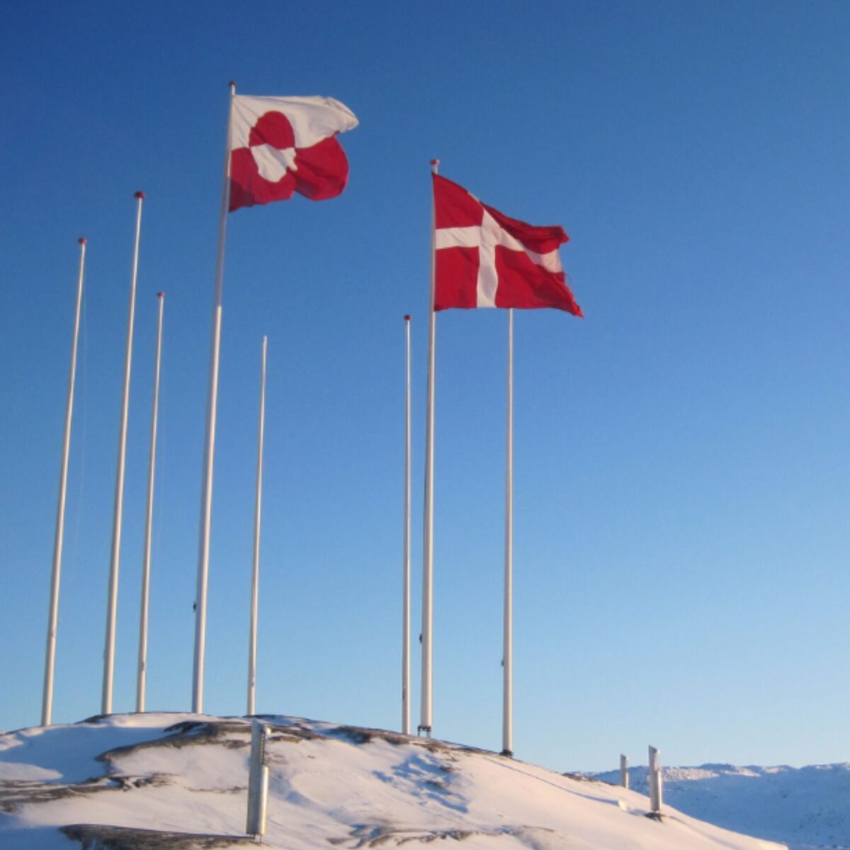 Et grønlandsk og et dansk flag i sneen